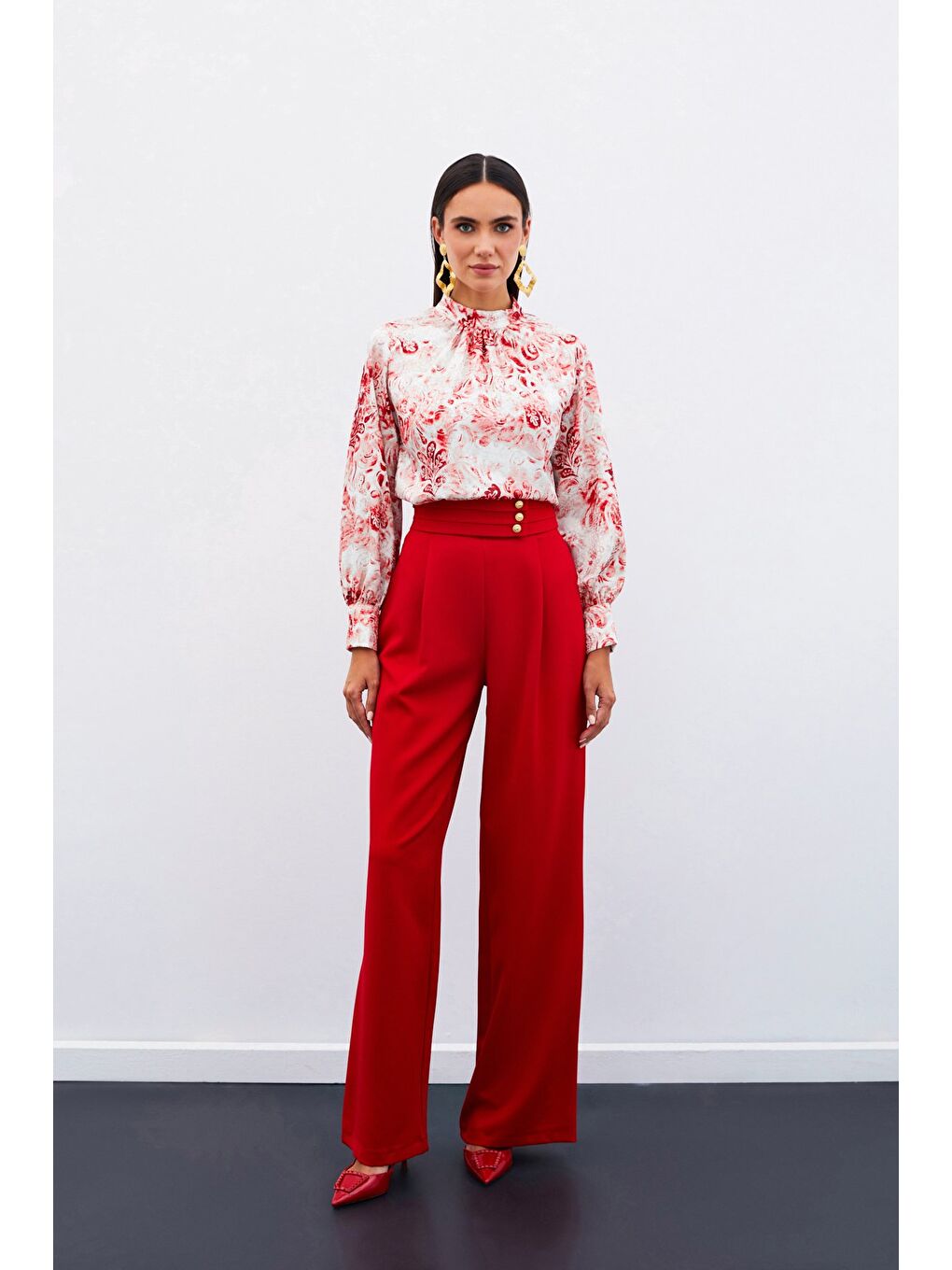 Dik Yaka Desenli Bluz - Kırmızı-1