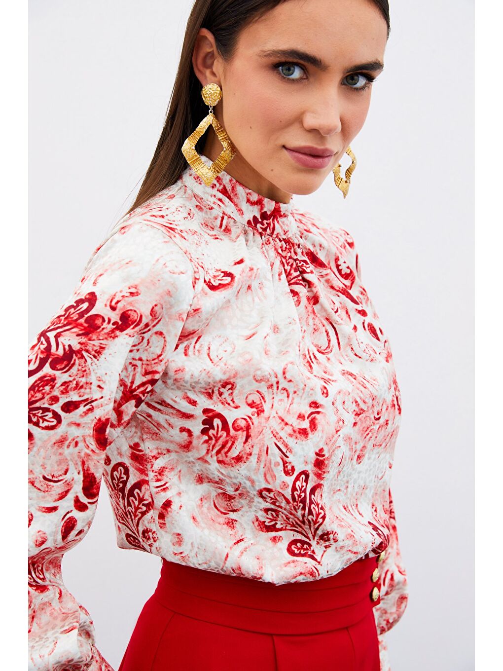 Dik Yaka Desenli Bluz - Kırmızı-2