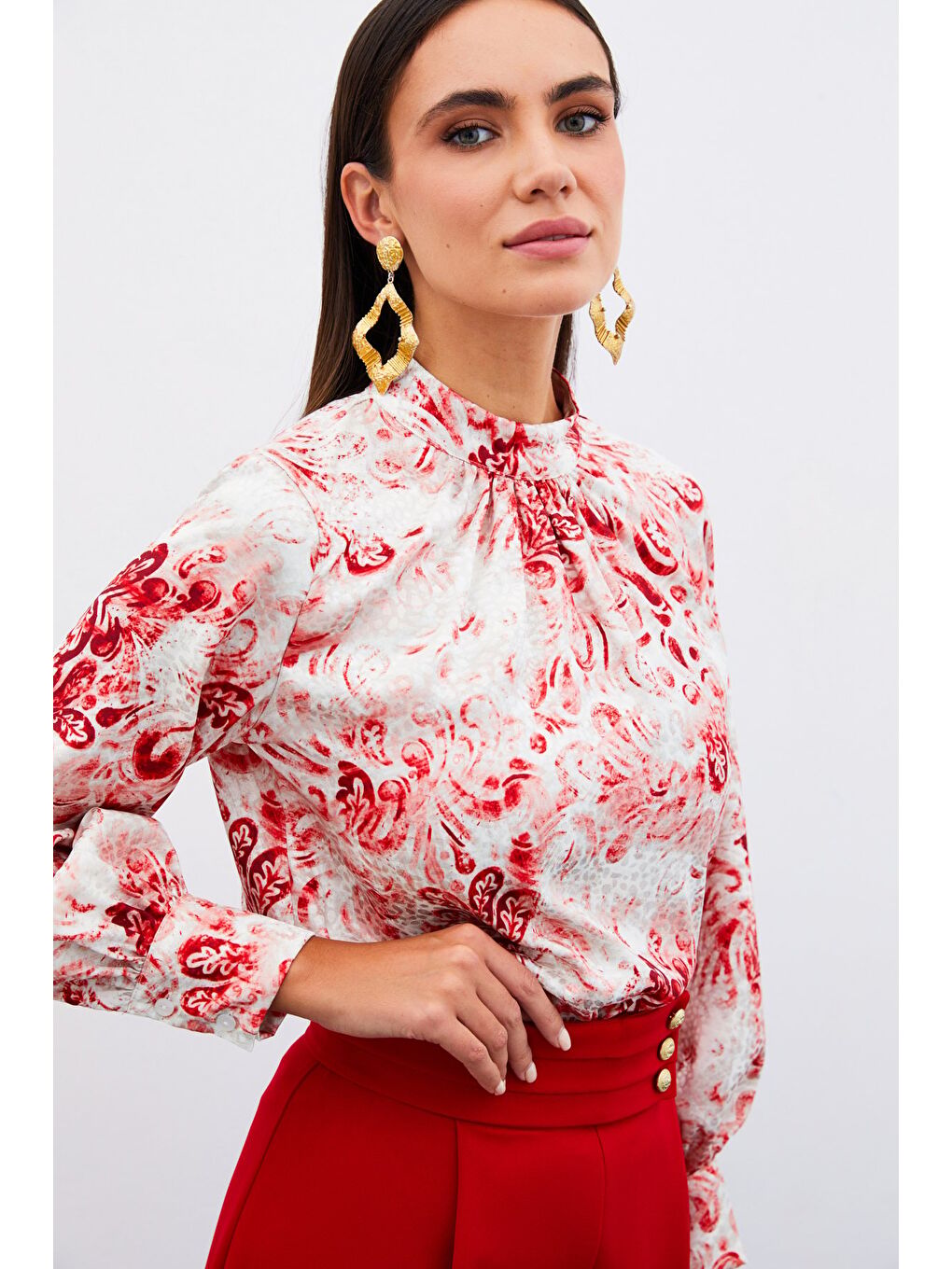 Dik Yaka Desenli Bluz - Kırmızı-3