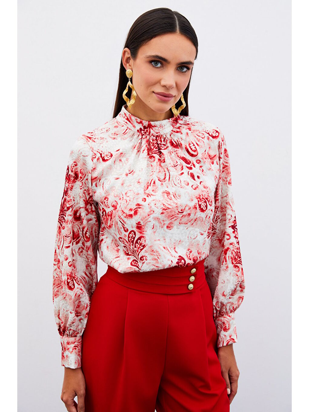 Dik Yaka Desenli Bluz - Kırmızı-4