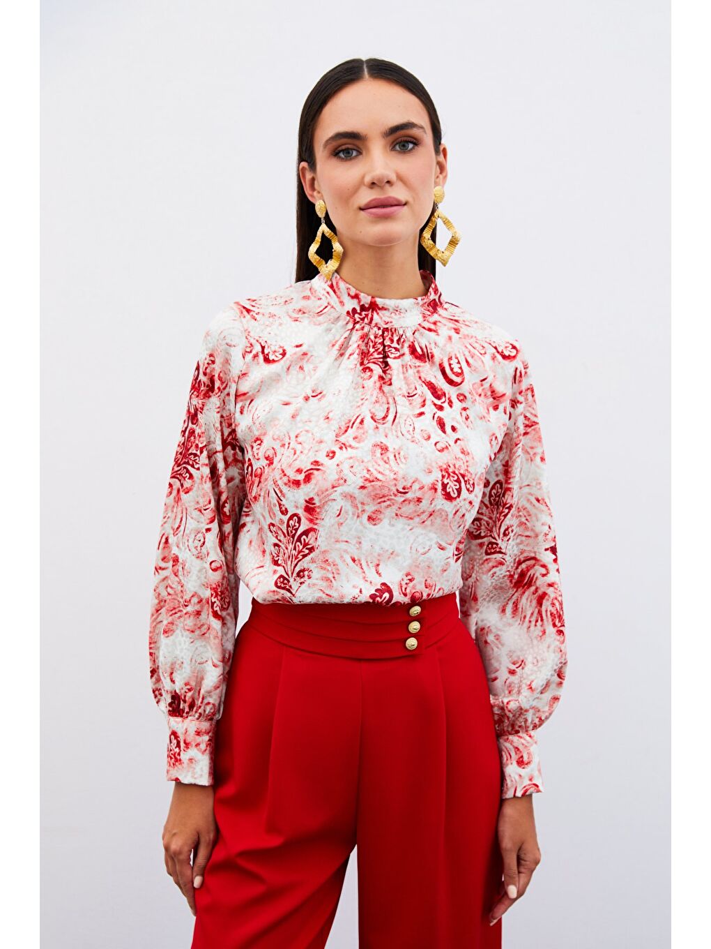 Dik Yaka Desenli Bluz - Kırmızı-5