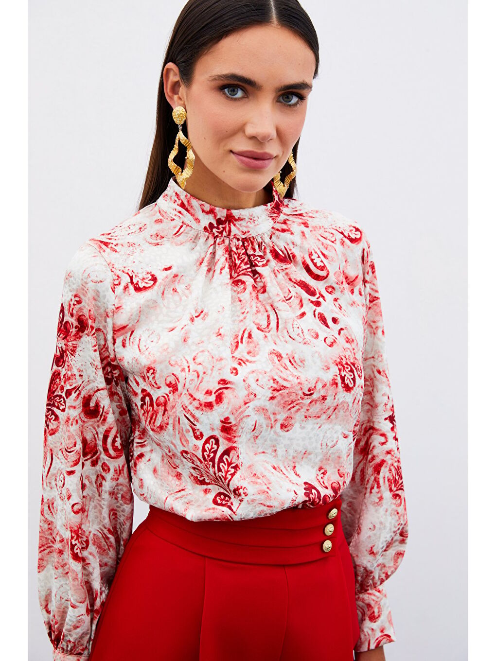 Dik Yaka Desenli Bluz - Kırmızı-6
