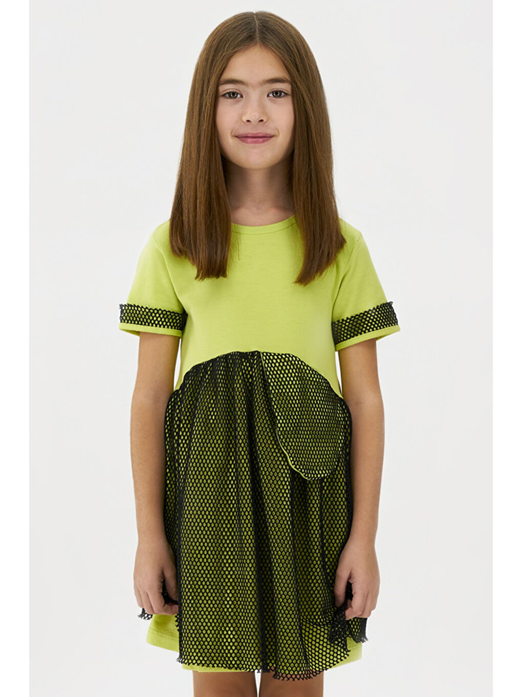 Kız Çocuk File Detaylı Yeşil Elbise-1