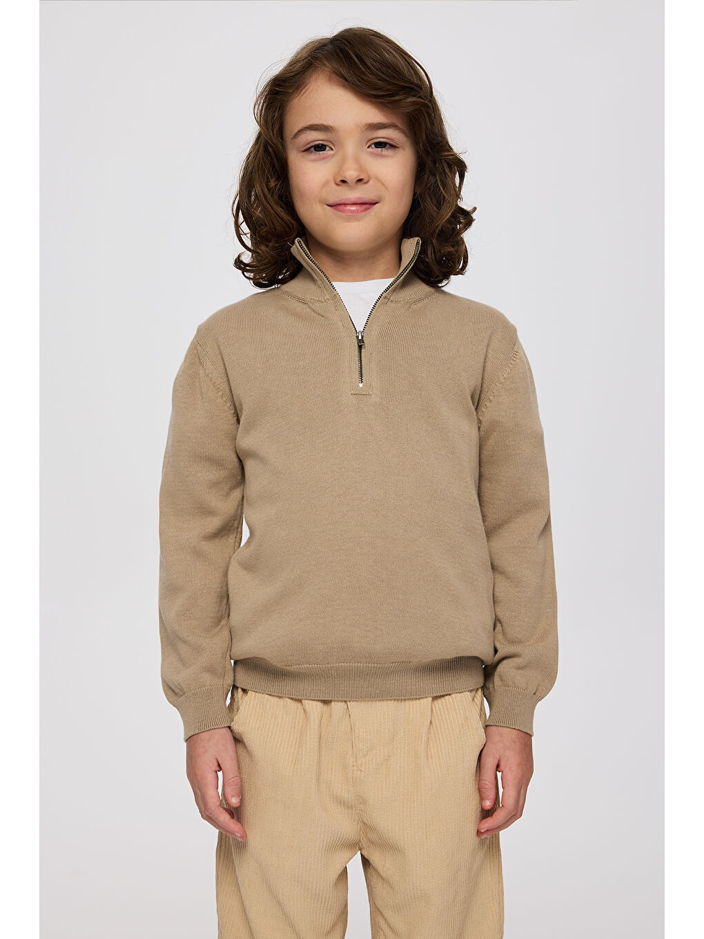 Erkek Çocuk Dik Yakalı Yarım Fermuarlı Bej Triko-1