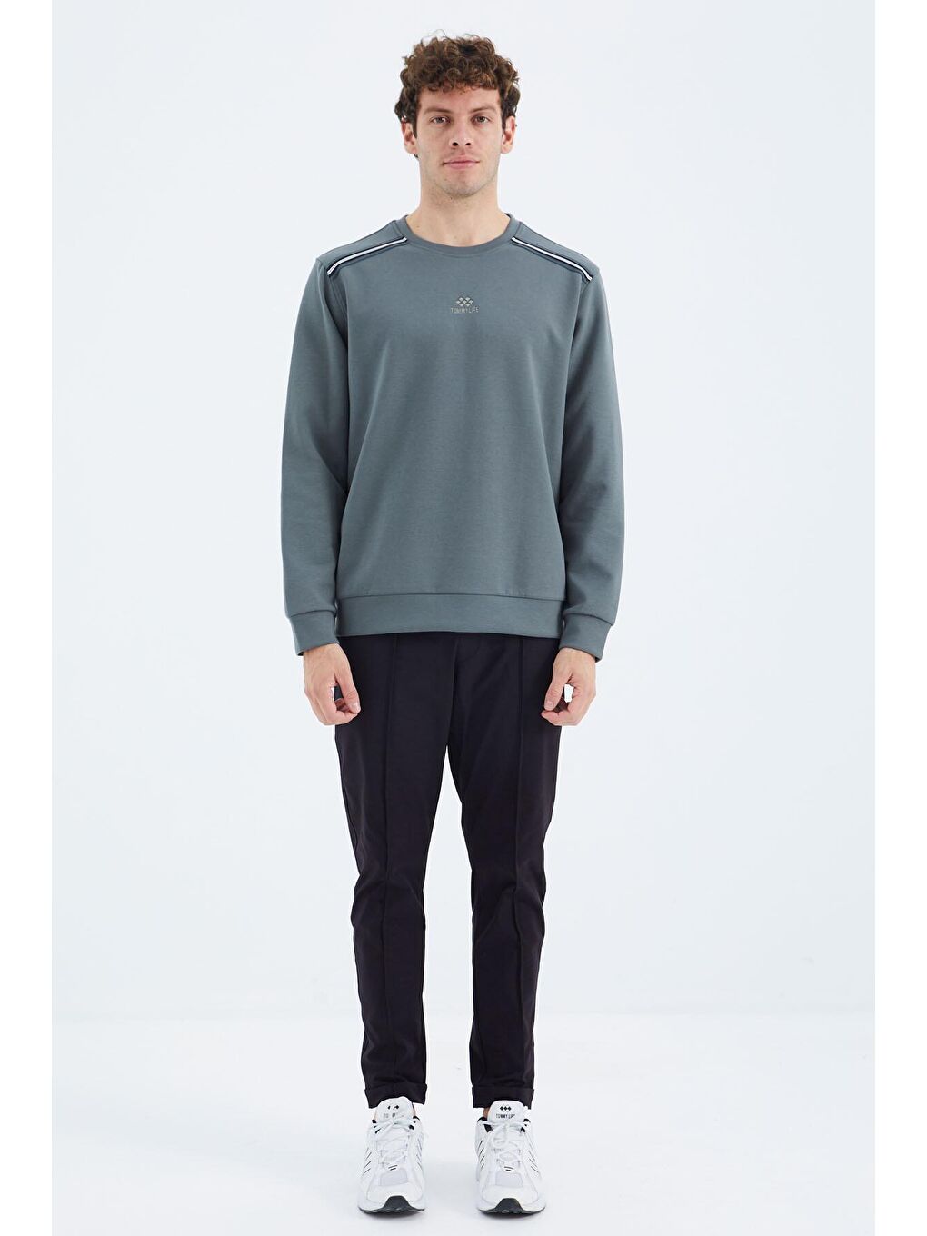 Haki Bisiklet Yaka Omuz Şerit Detaylı Rahat Kalıp Erkek Sweatshirt - 88279-2