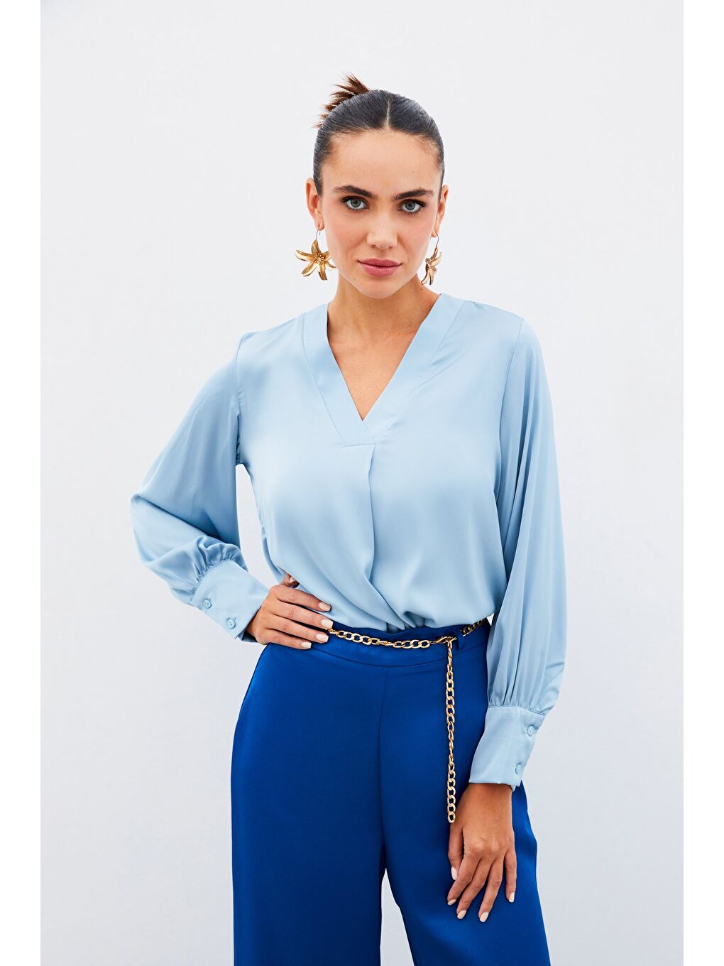 V Yaka Saten Bluz - Bebe Mavi-1