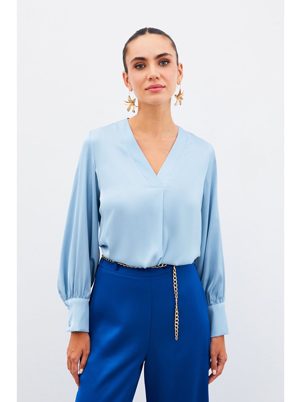 V Yaka Saten Bluz - Bebe Mavi-3