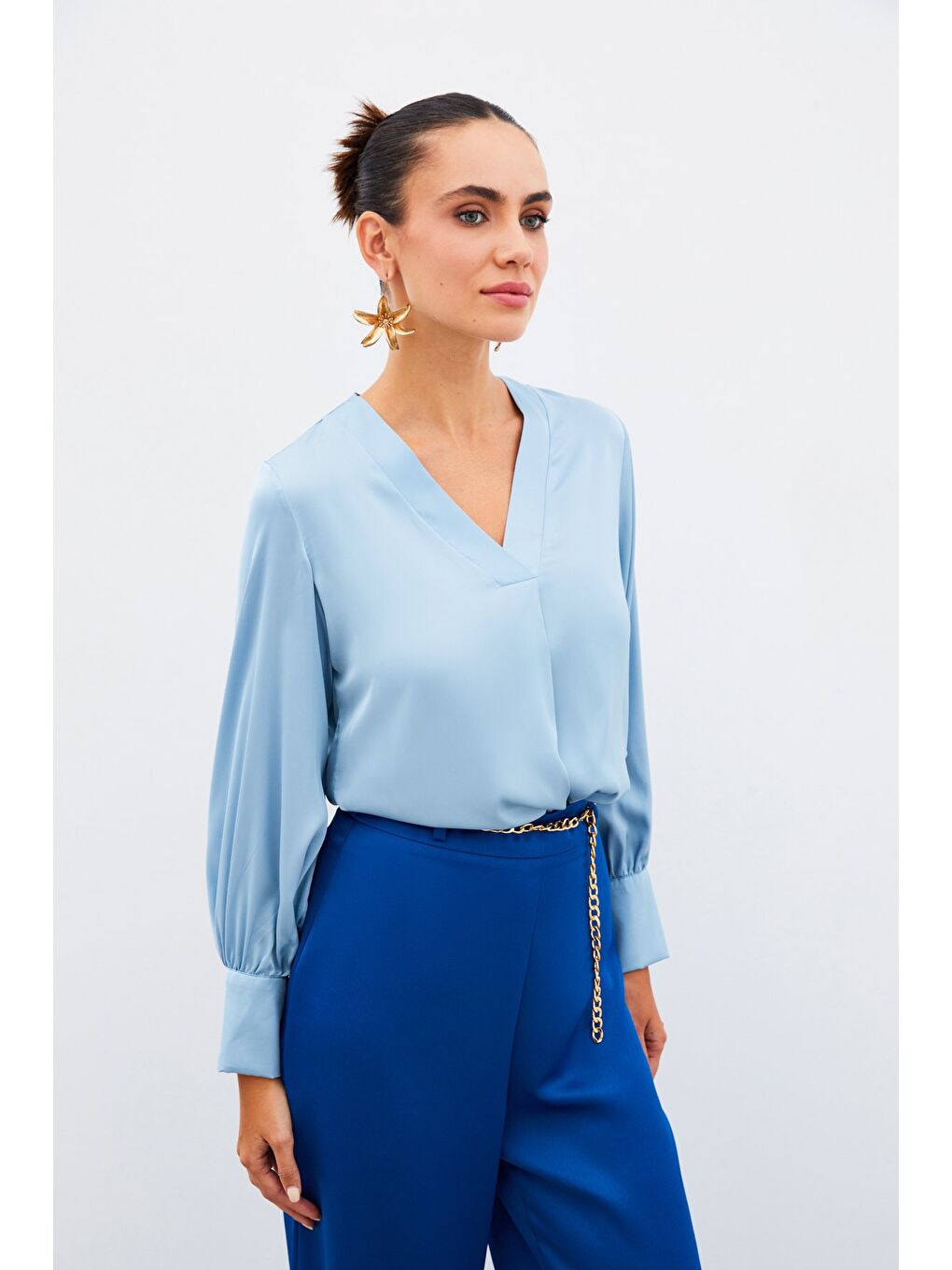 V Yaka Saten Bluz - Bebe Mavi-4