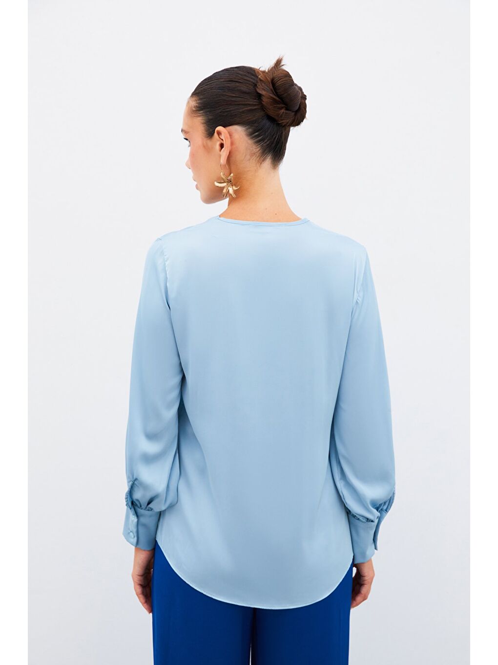 V Yaka Saten Bluz - Bebe Mavi-6