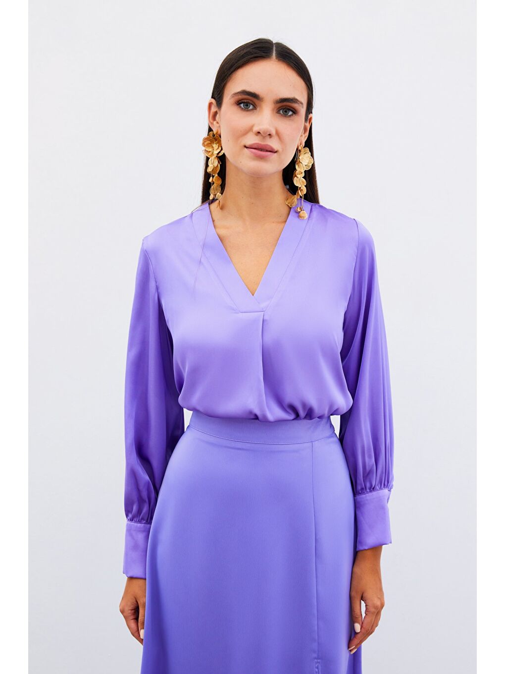 V Yaka Saten Bluz - Lila-1