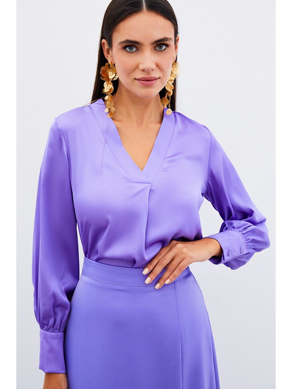 V Yaka Saten Bluz - Lila-2
