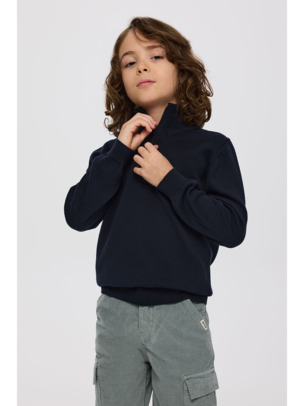 Erkek Çocuk Dik Yakalı Yarım Fermuarlı Lacivert Triko-1
