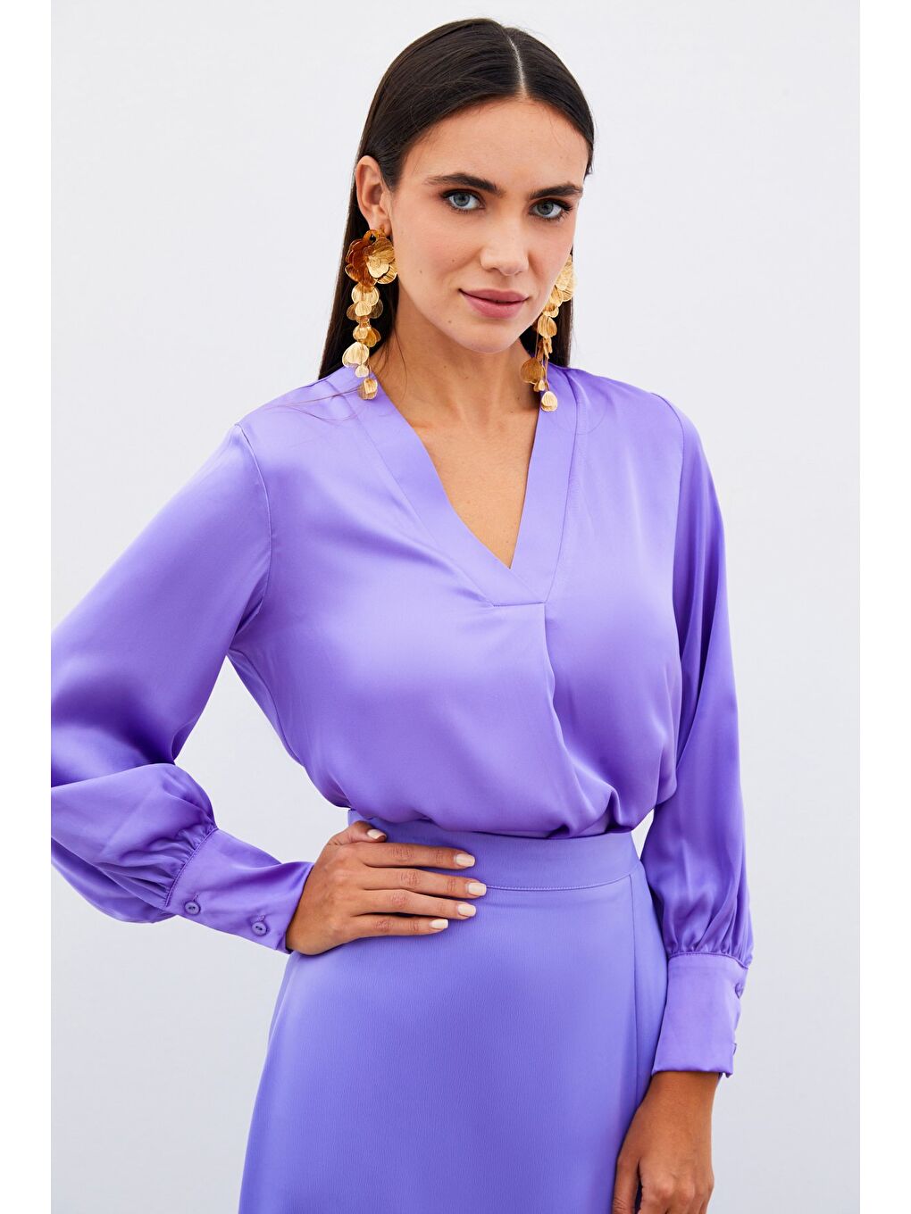 V Yaka Saten Bluz - Lila-3