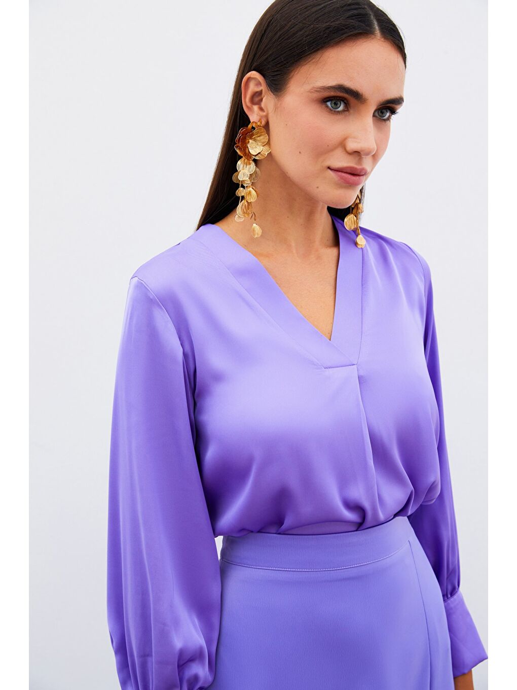 V Yaka Saten Bluz - Lila-4