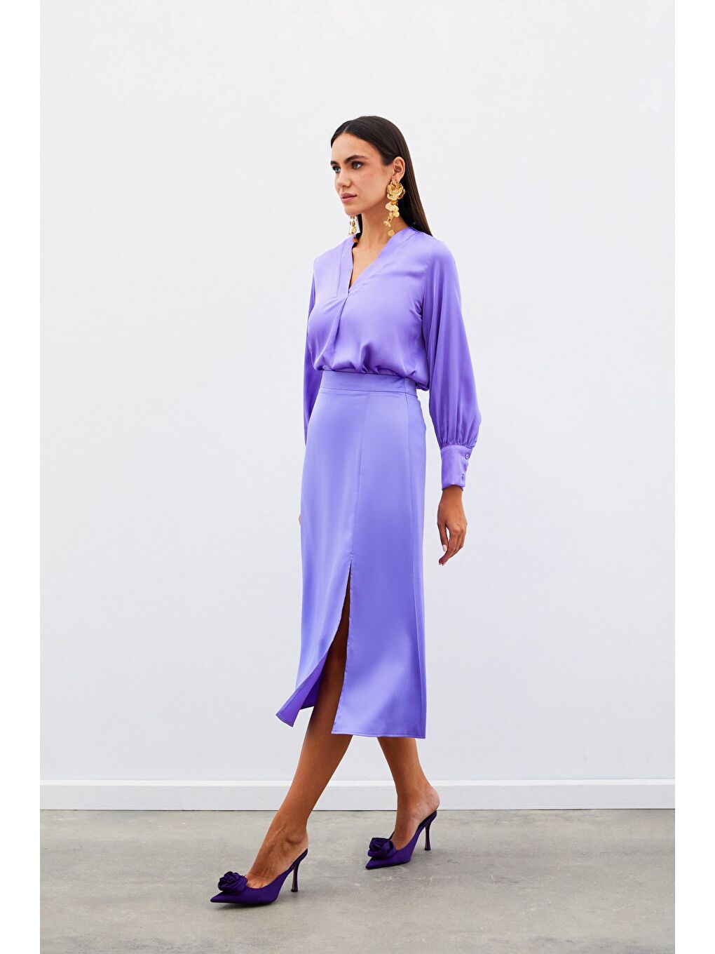 V Yaka Saten Bluz - Lila-5