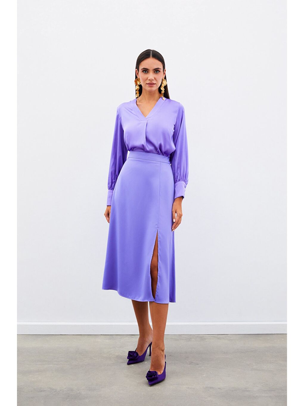 V Yaka Saten Bluz - Lila-6