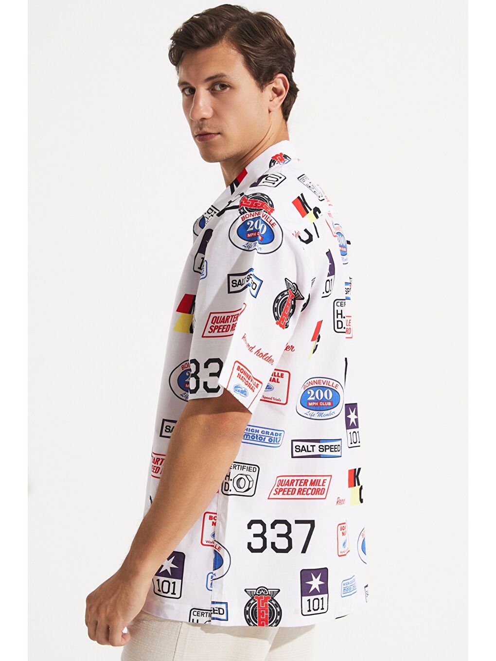 Beyaz Exclusıve Erkek Oversize Kısa Kol Desenli Gömlek-2