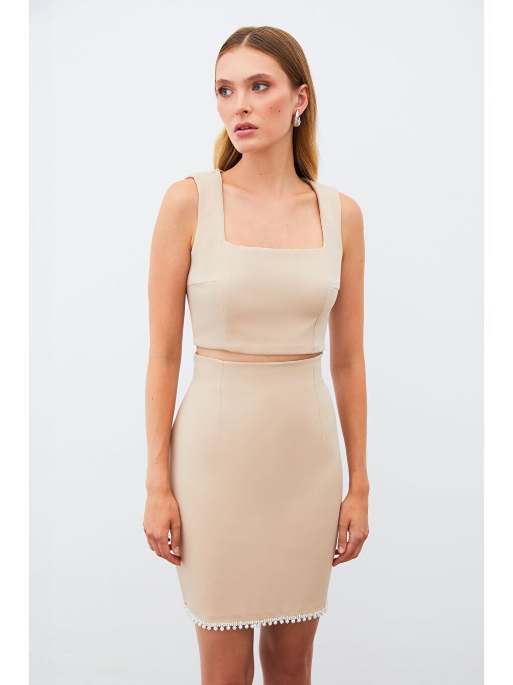 Kahverengi Kare Yaka Crop Bluz - Camel