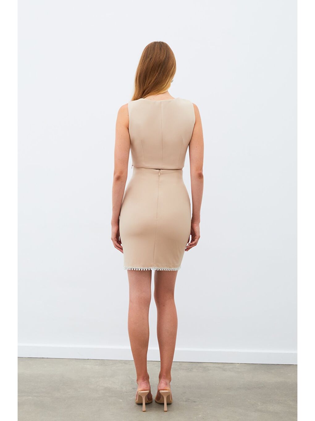 Kahverengi Kare Yaka Crop Bluz - Camel-3