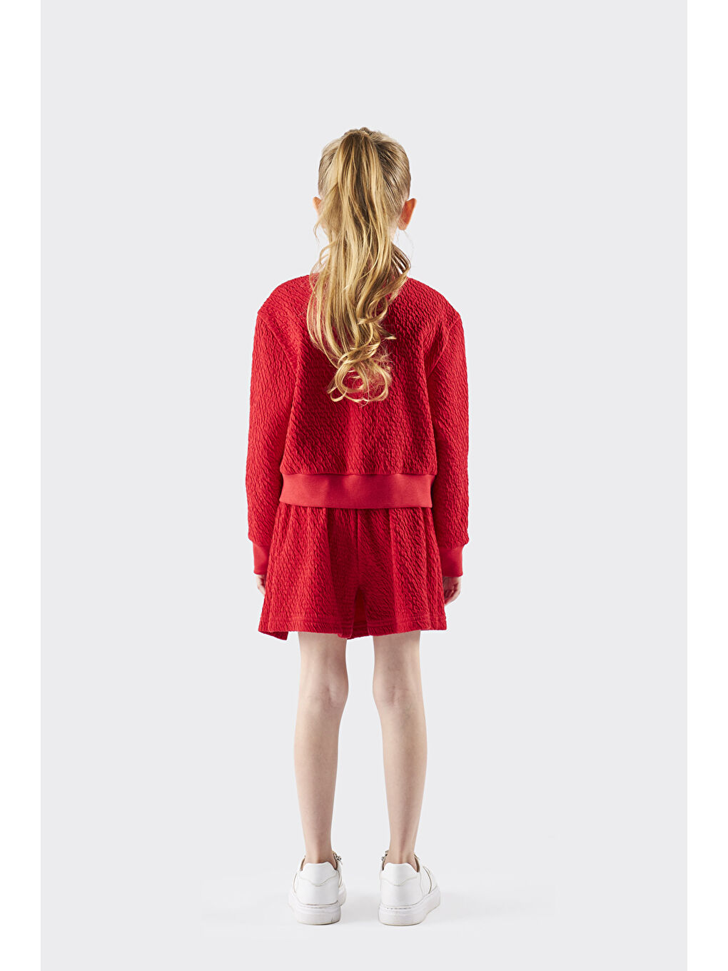 Kız Çocuk Dokulu Fermuarlı Kırmızı Sweatshirt-1