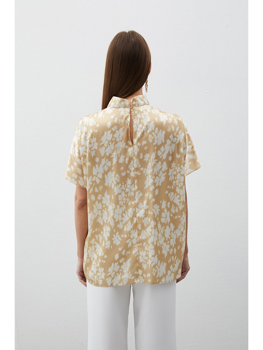 Kahverengi Dik Yaka Desenli Salaş Bluz - Kahve-6