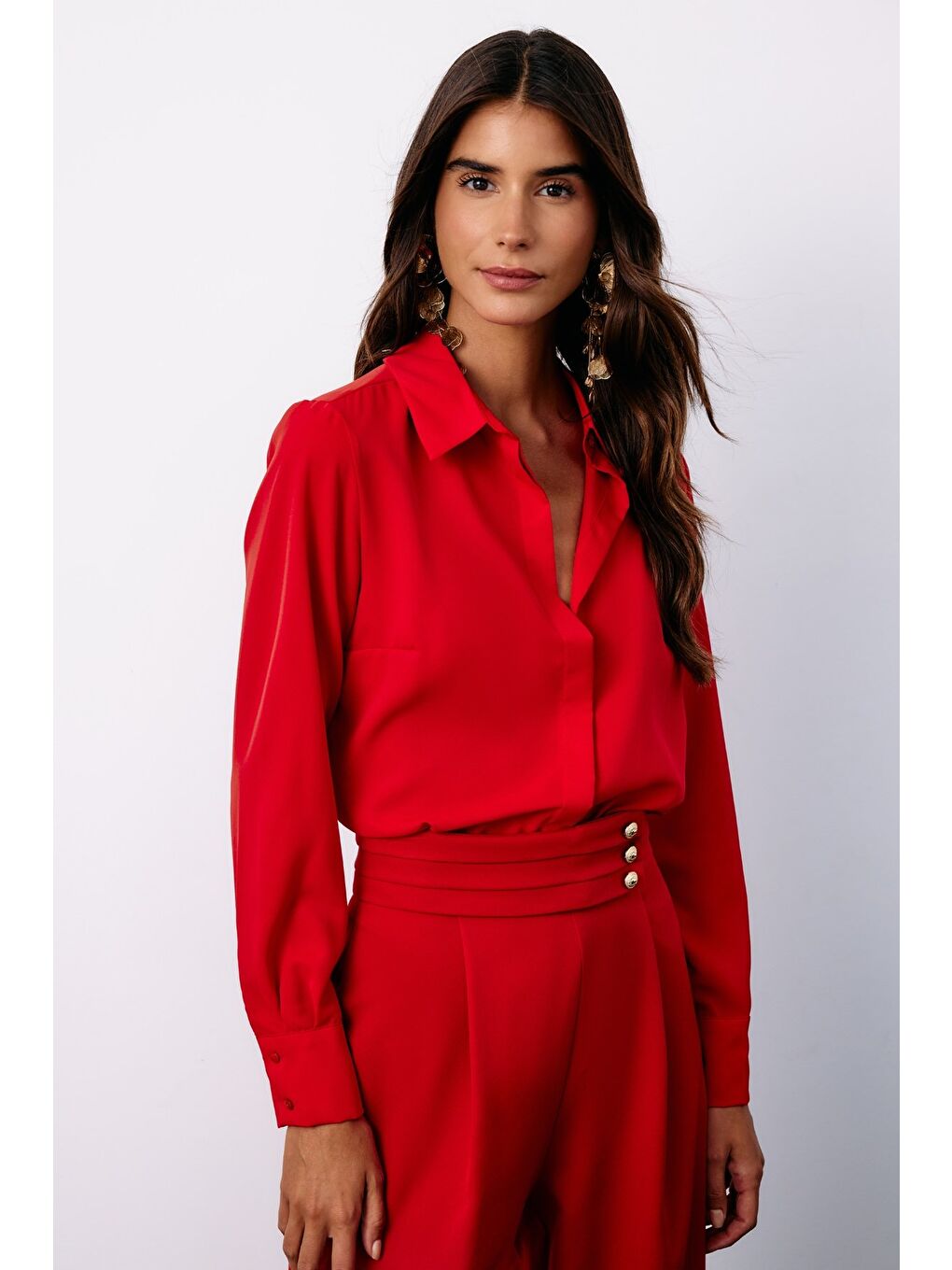 Klasik Düz Gömlek - Kırmızı-6