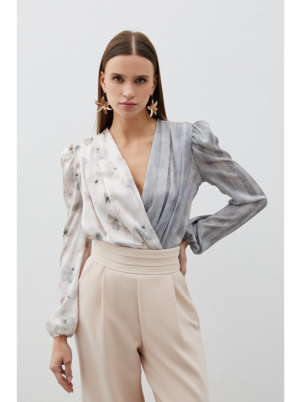 Çift Desenli Kruvaze Bodysuit Bluz - Gri