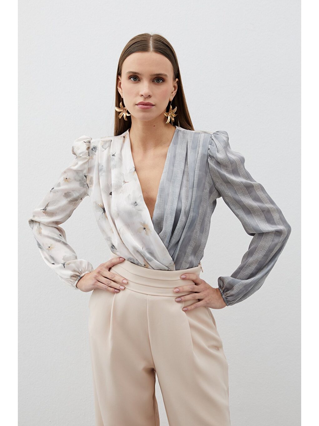 Çift Desenli Kruvaze Bodysuit Bluz - Gri-1