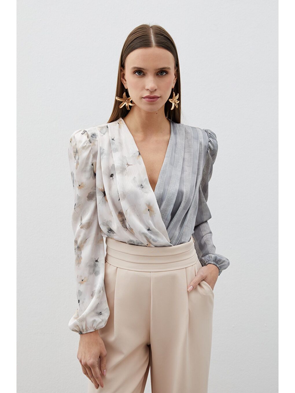 Çift Desenli Kruvaze Bodysuit Bluz - Gri-3