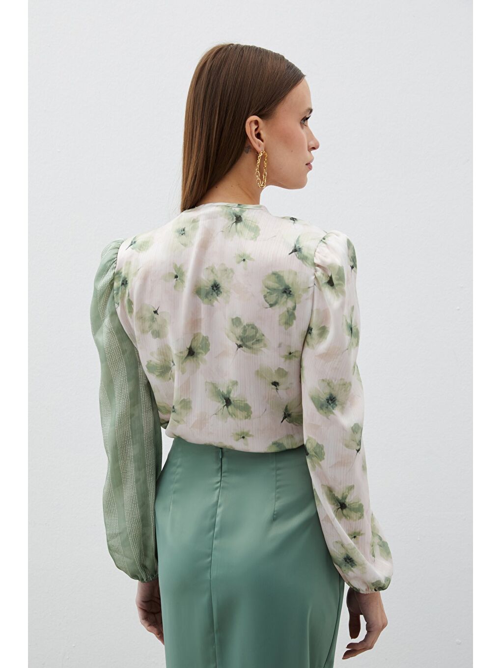 Çift Desenli Kruvaze Bodysuit Bluz - Çağla Yeşili-6