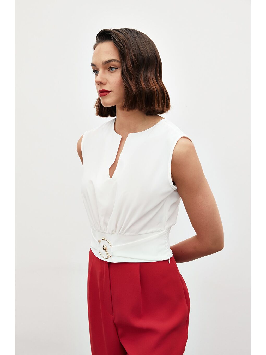 Toka Detaylı Kolsuz Bluz - Ekru-3