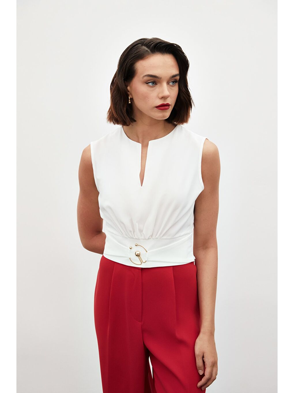 Toka Detaylı Kolsuz Bluz - Ekru-5