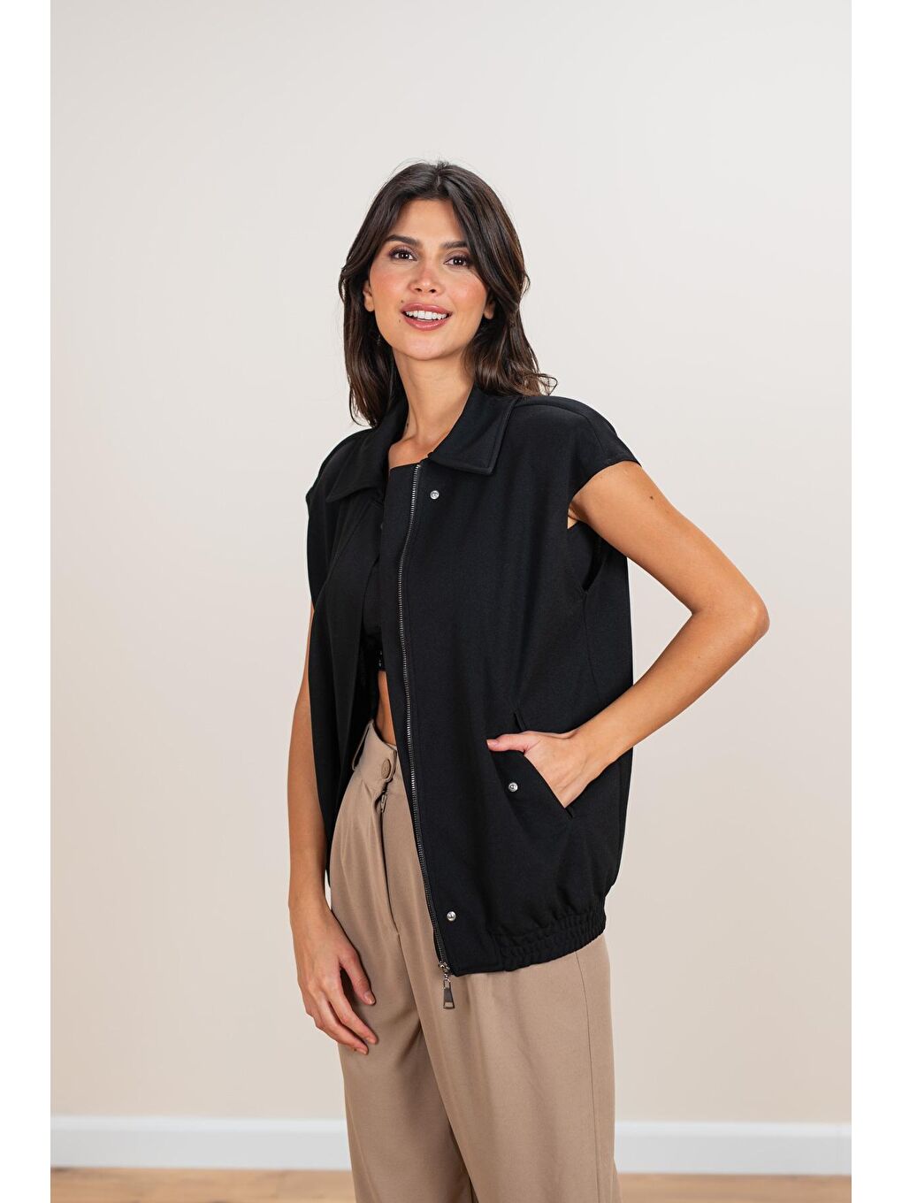 Kadın Siyah Altı Lastikli Bomber Yelek-4