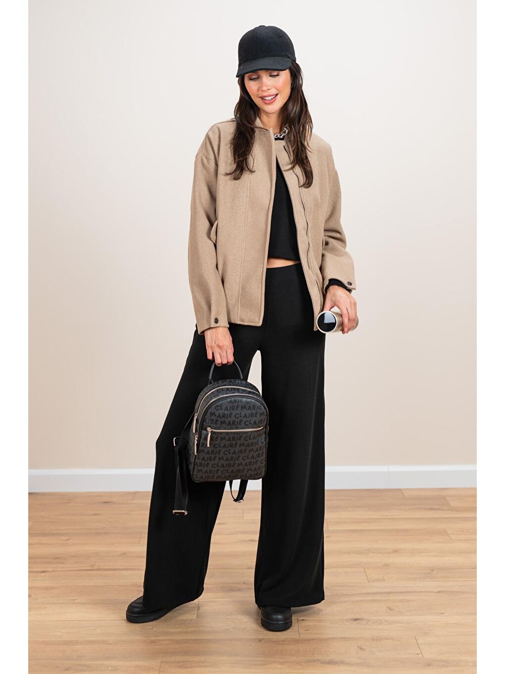 Kadın Siyah Geniş Paçalı Fitilli Crop Bluz Takım-2