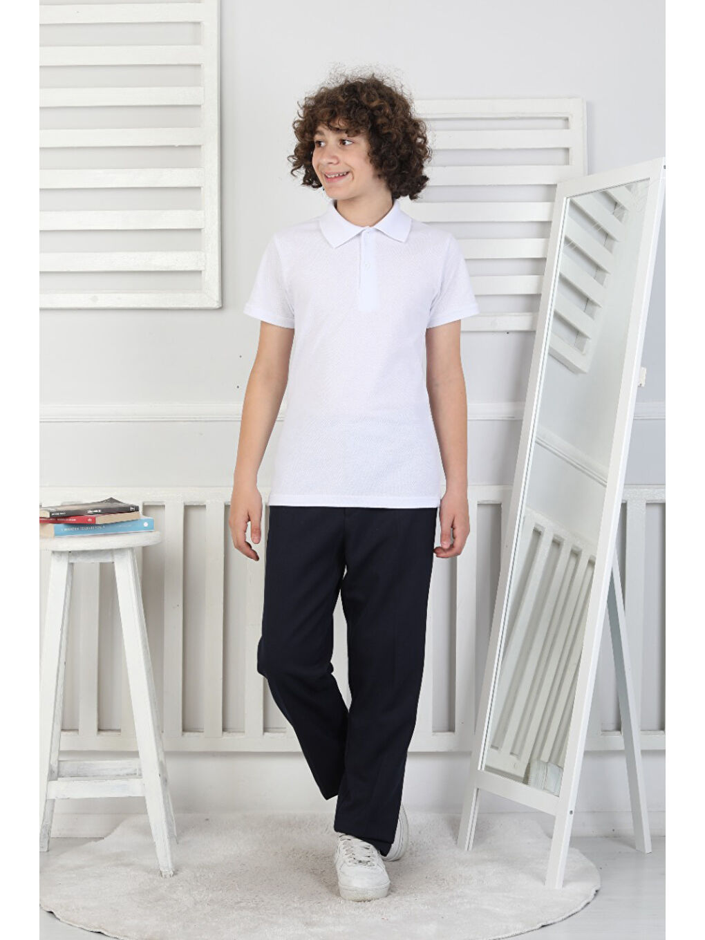 Beyaz Erkek Çocuk %100 Pamuk Okul Tarz T-Shirt 5-13 Yaş 12272-2