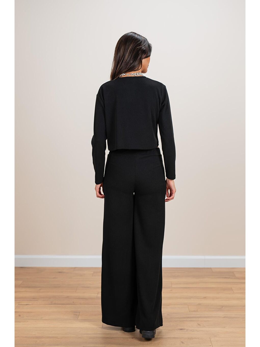 Kadın Siyah Geniş Paçalı Fitilli Crop Bluz Takım-3