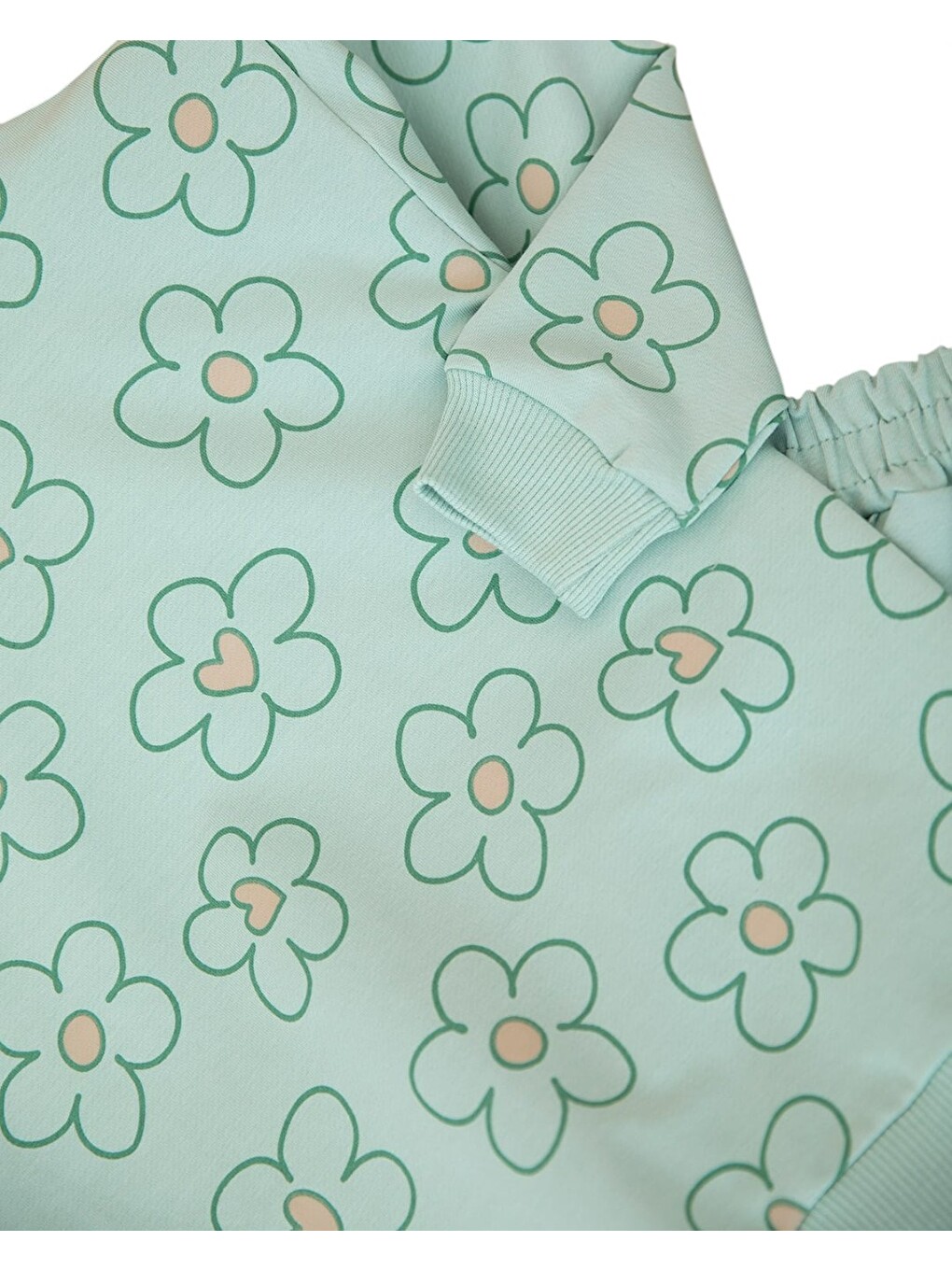 Yeşil Kız Çocuk Mevsimlik Çiçek Baskılı, Çimalı Pantalonlu Takım-3