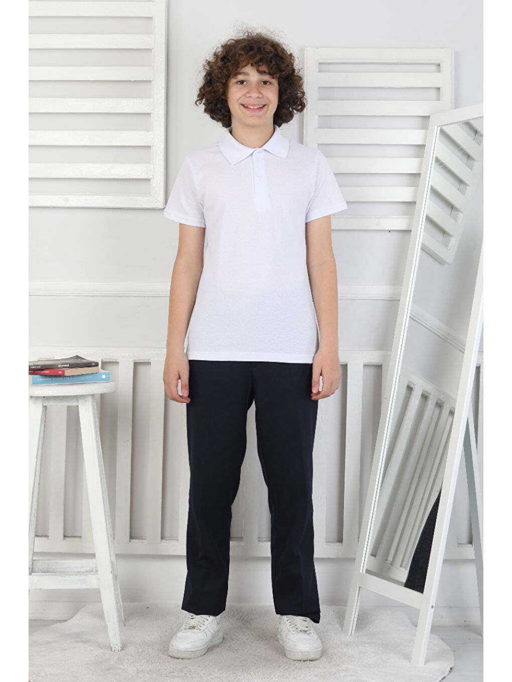 Beyaz Erkek Çocuk %100 Pamuk Okul Tarz T-Shirt 5-13 Yaş 12272-4