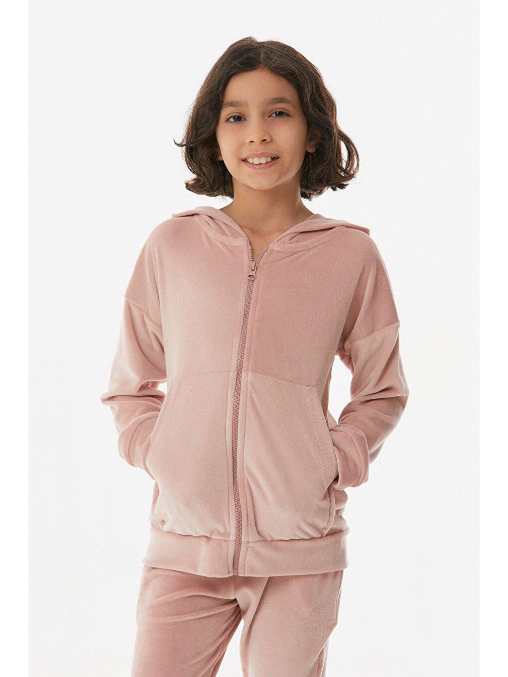 Pembe Kapüşonlu Kadife Kız Çocuk Takım-1