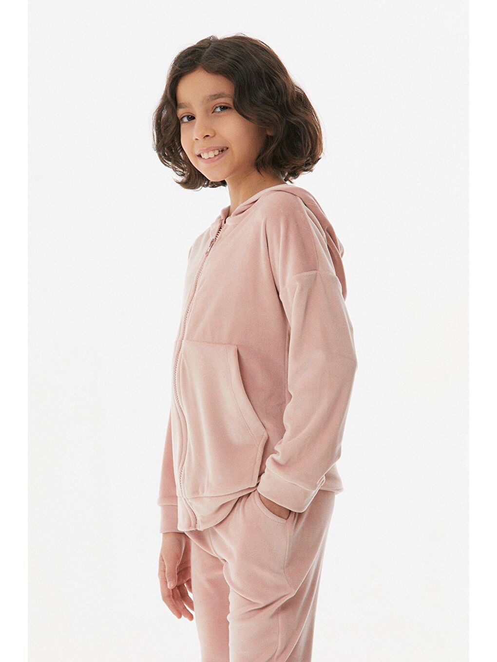Pembe Kapüşonlu Kadife Kız Çocuk Takım-4