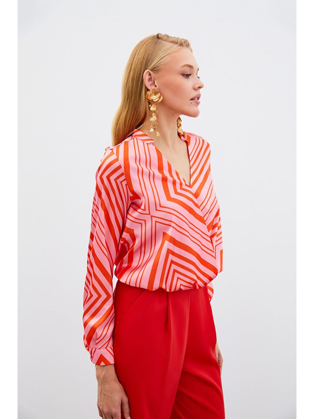 Kruvaze Desenli Bluz - Fuşya-1
