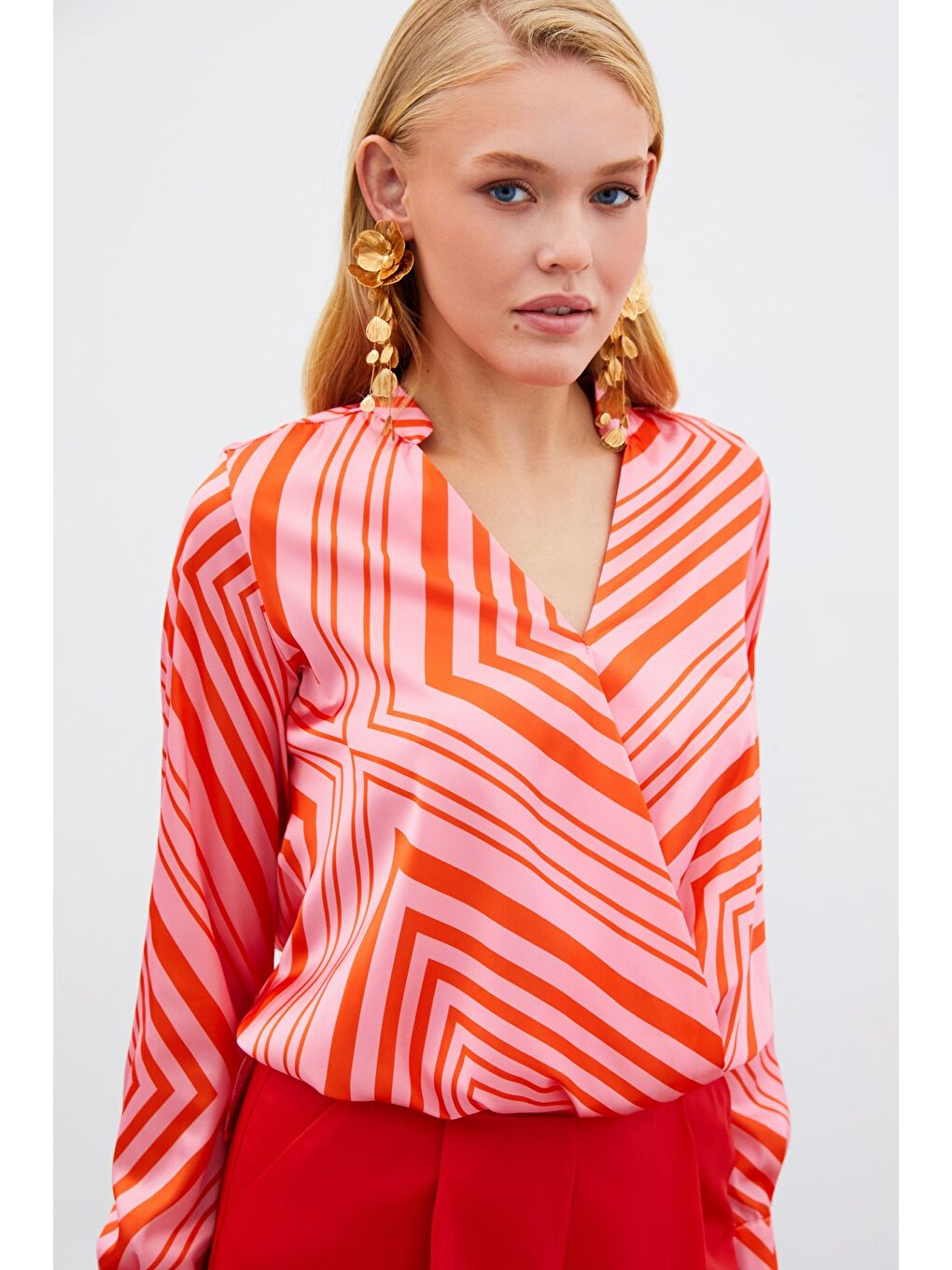 Kruvaze Desenli Bluz - Fuşya-2