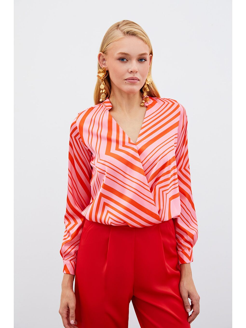 Kruvaze Desenli Bluz - Fuşya-3