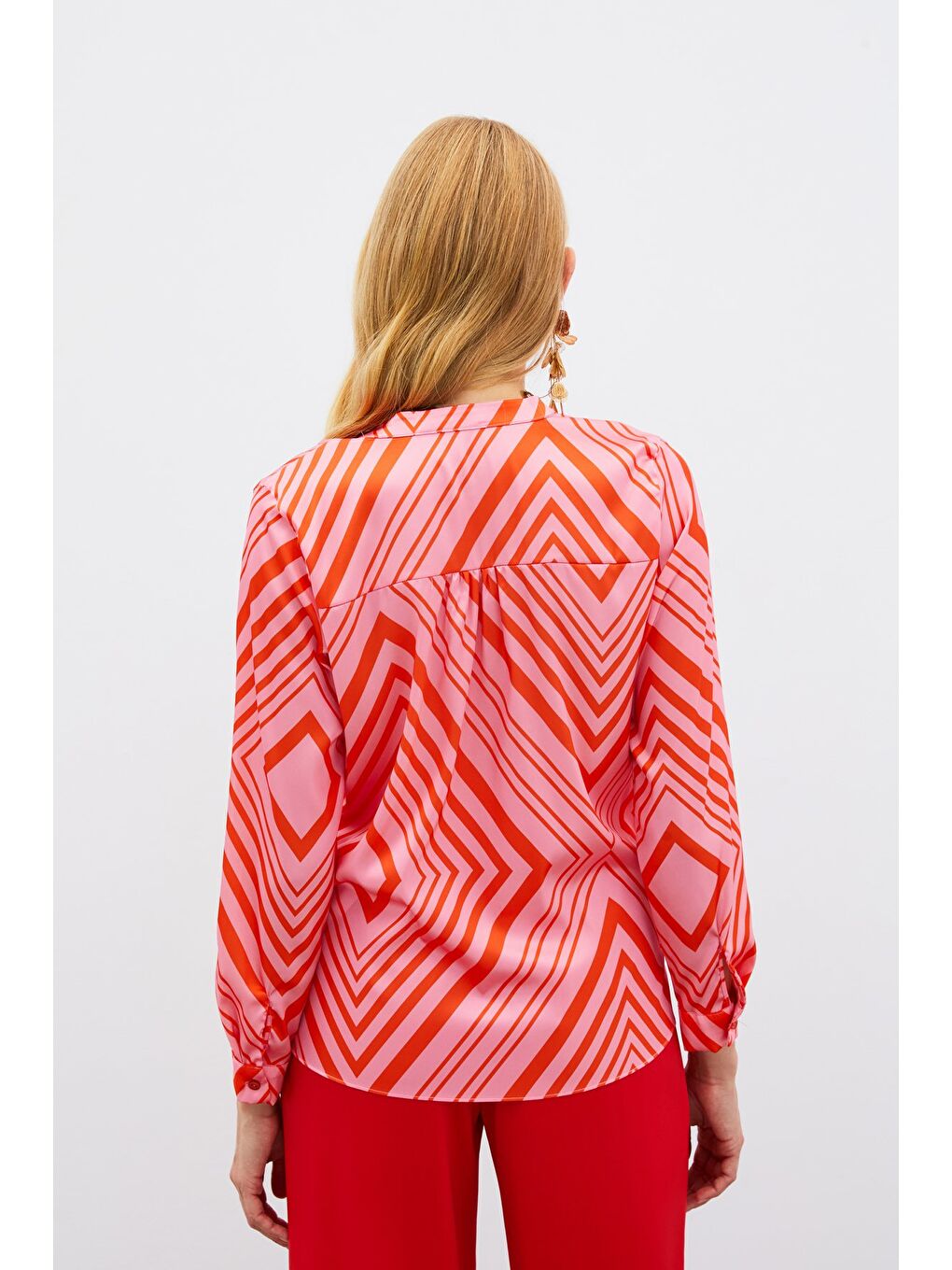 Kruvaze Desenli Bluz - Fuşya-4
