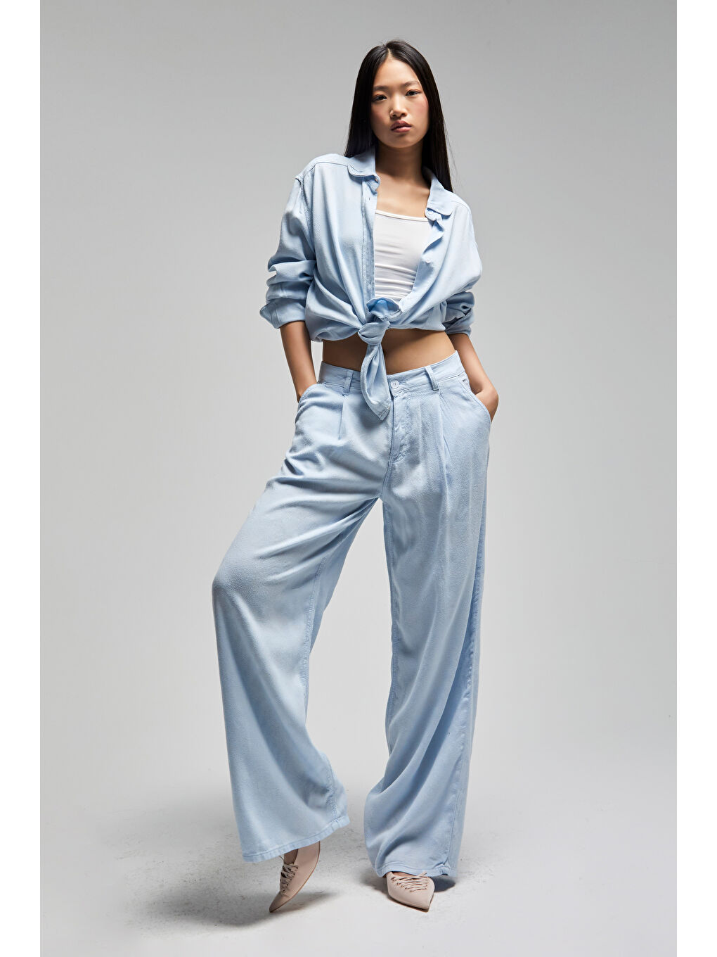 Kadın Bebe Mavisi Renk 6s5-103 Süper Palazzo Fit Organik Keten Kumaş Pantolon-2