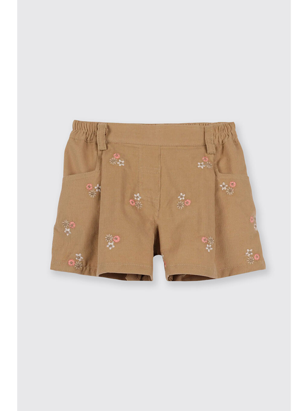 Kız Bebek Beli Lastikli Nakış Detaylı Kadife Bej Şort