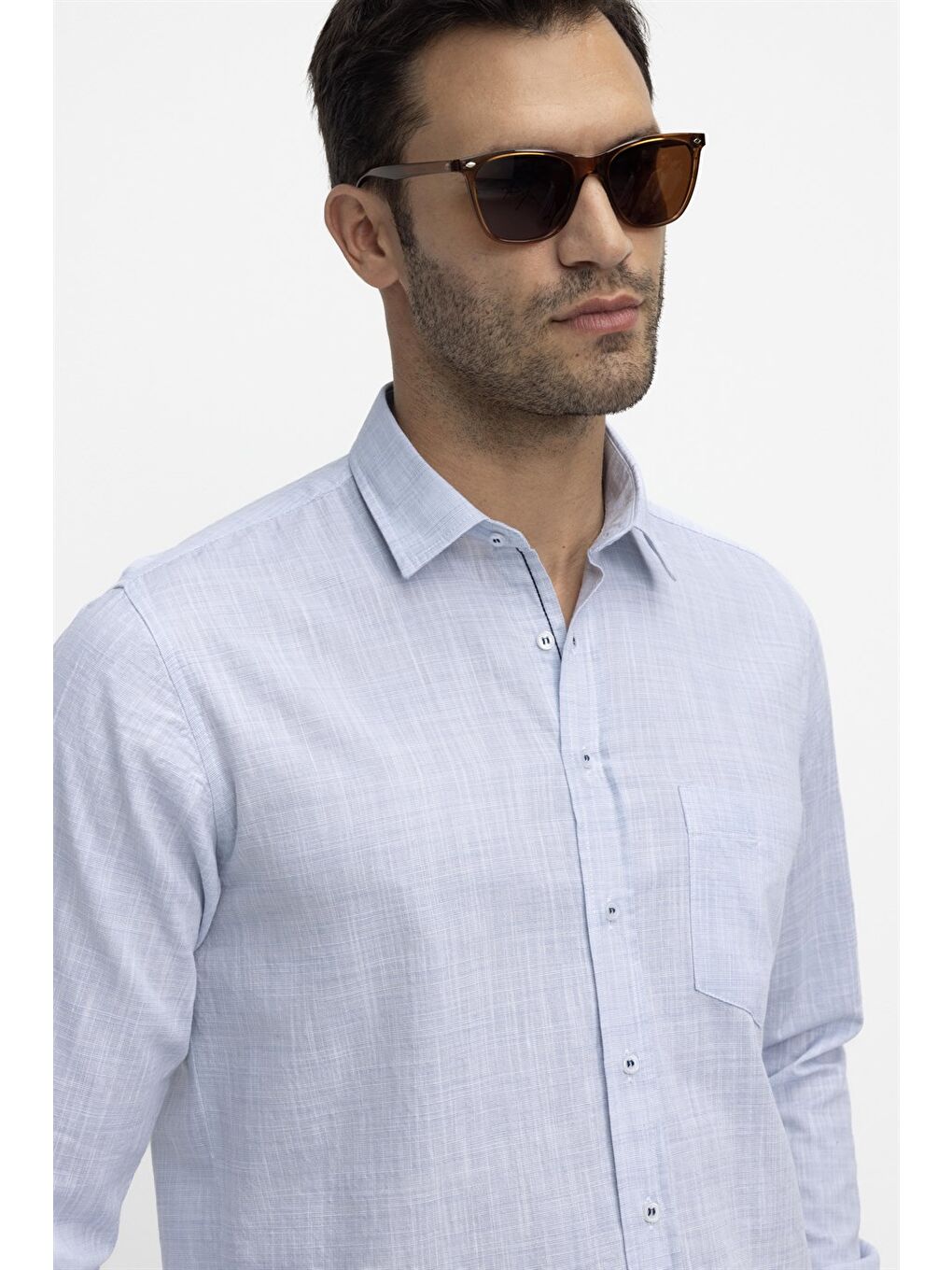 Erkek Regular Fit Klasik Kesim %100 Pamuk Keten Doku Mavi Gömlek-1