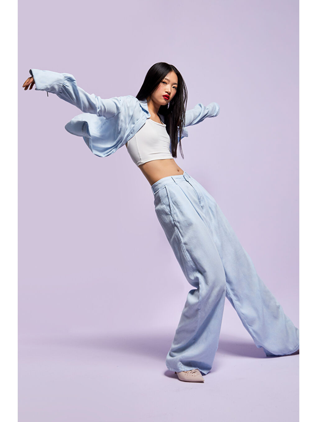 Kadın Bebe Mavisi Renk 6s5-103 Süper Palazzo Fit Organik Keten Kumaş Pantolon-3