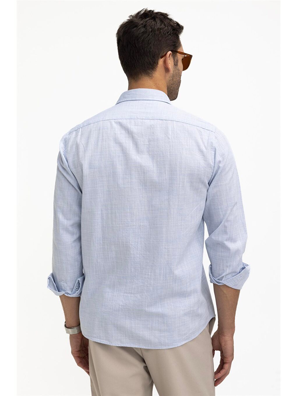 Erkek Regular Fit Klasik Kesim %100 Pamuk Keten Doku Mavi Gömlek-3