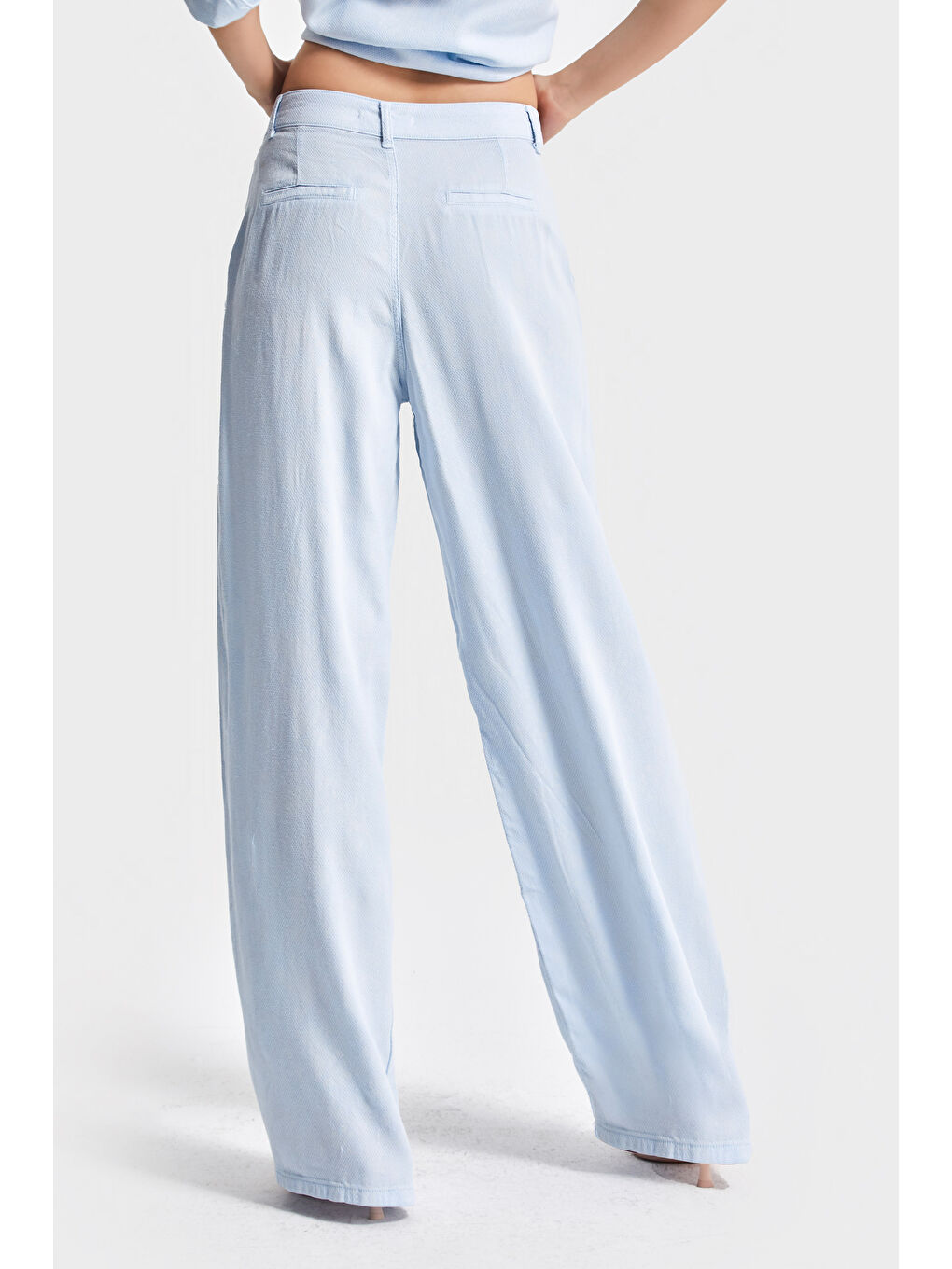 Kadın Bebe Mavisi Renk 6s5-103 Süper Palazzo Fit Organik Keten Kumaş Pantolon-4